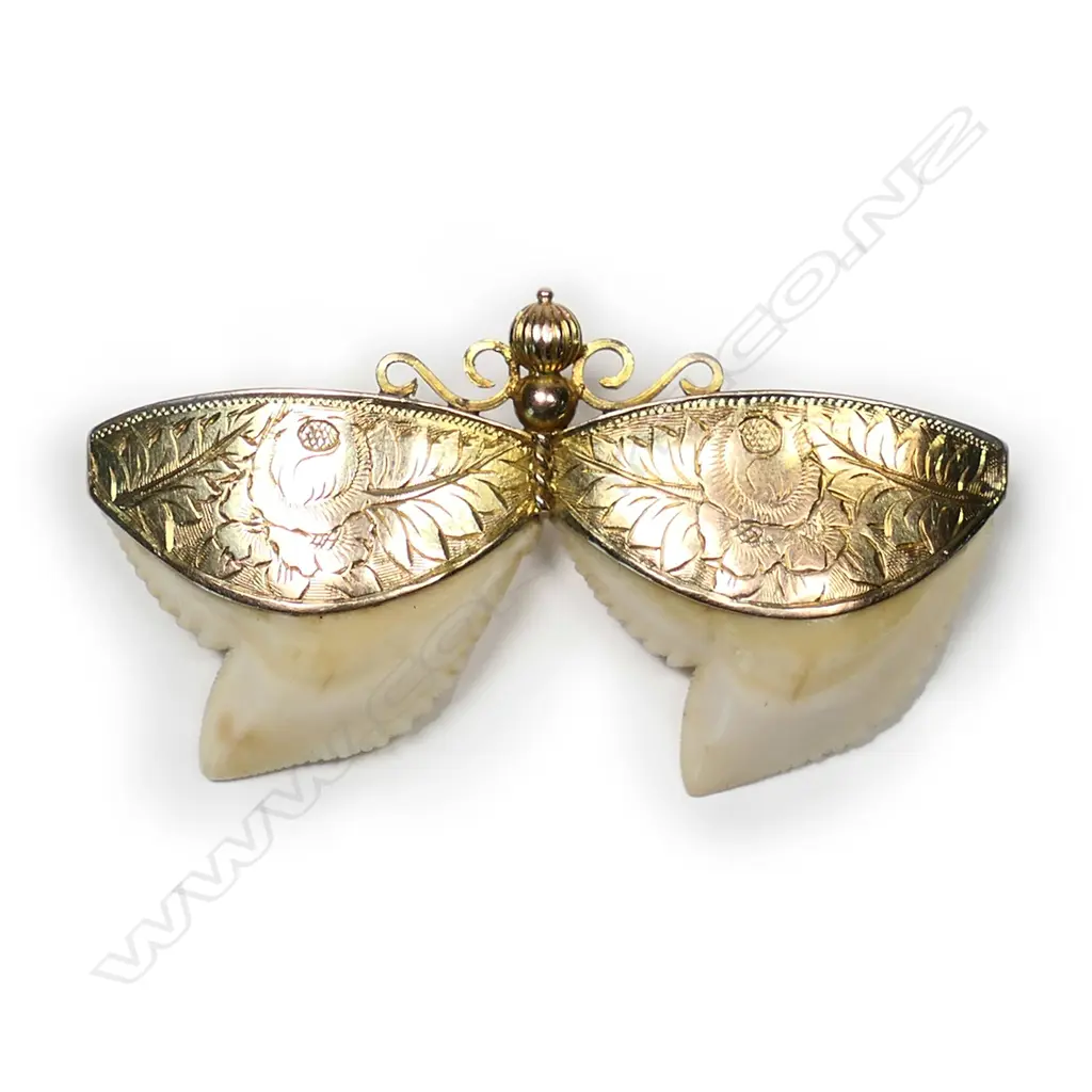 W. Slaney 9ct gold and double shark's tooth butterfly brooch, Image 1++